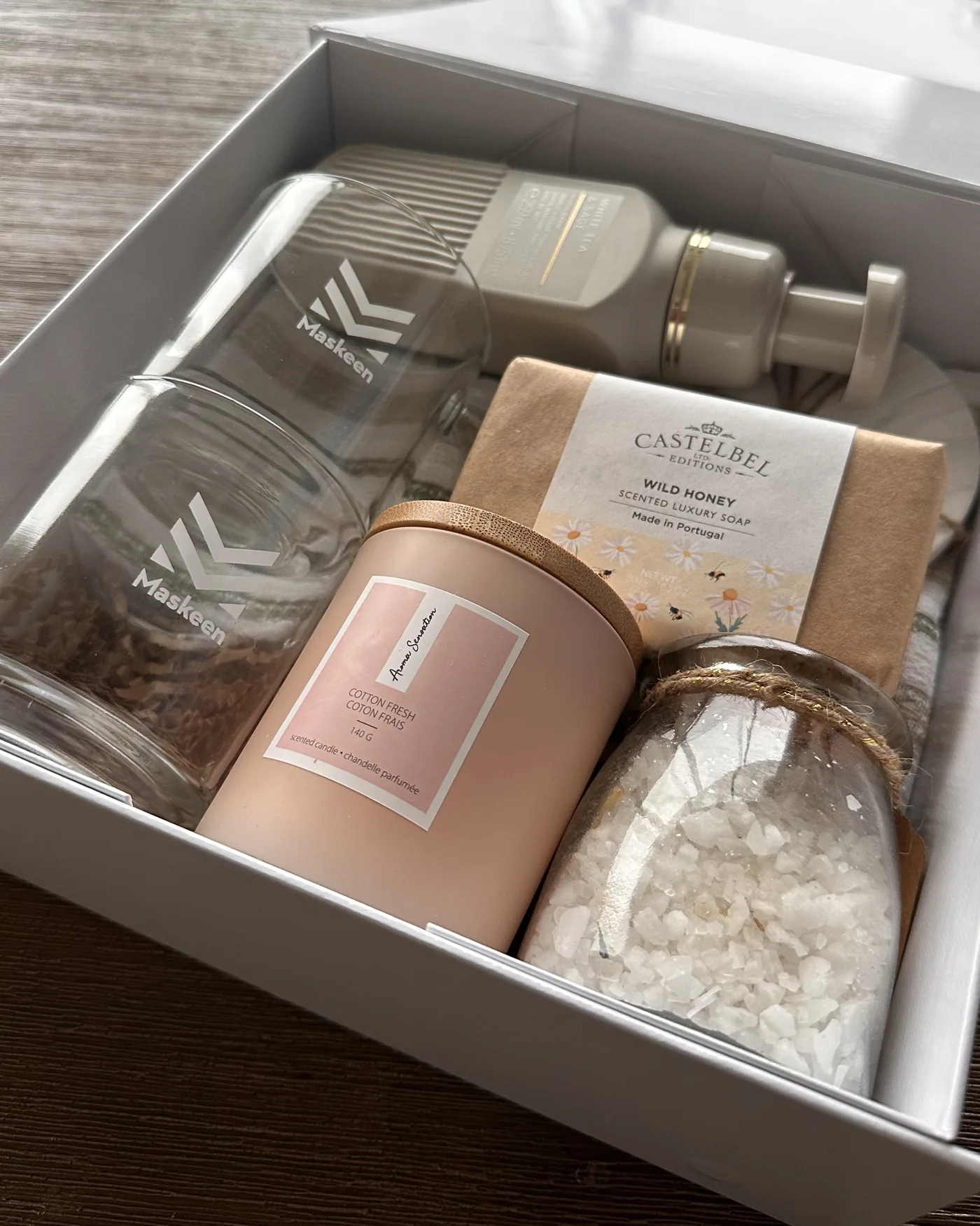 Corporate gift box with branded glass, candle and soap